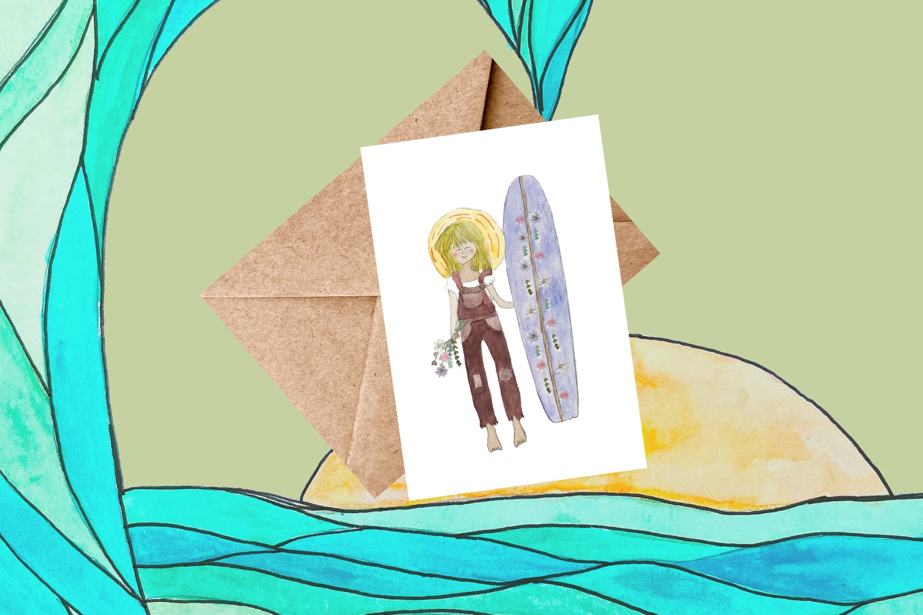 Boho surfer girl card