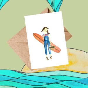 Surfer Girl in Overalls card