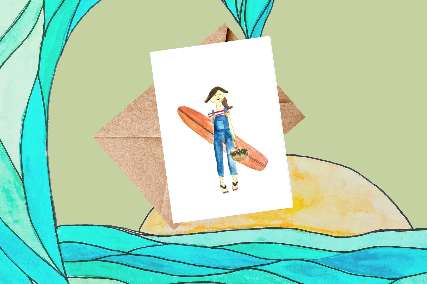 Surfer Girl in Overalls card