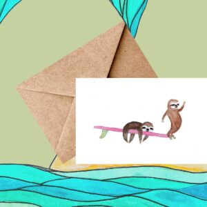 Surfing sloths watercolor card