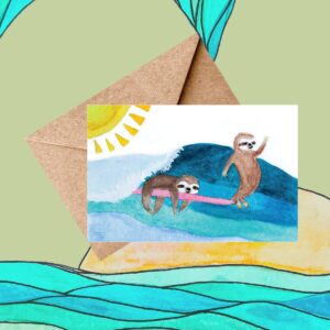 Surfing sloths watercolor card