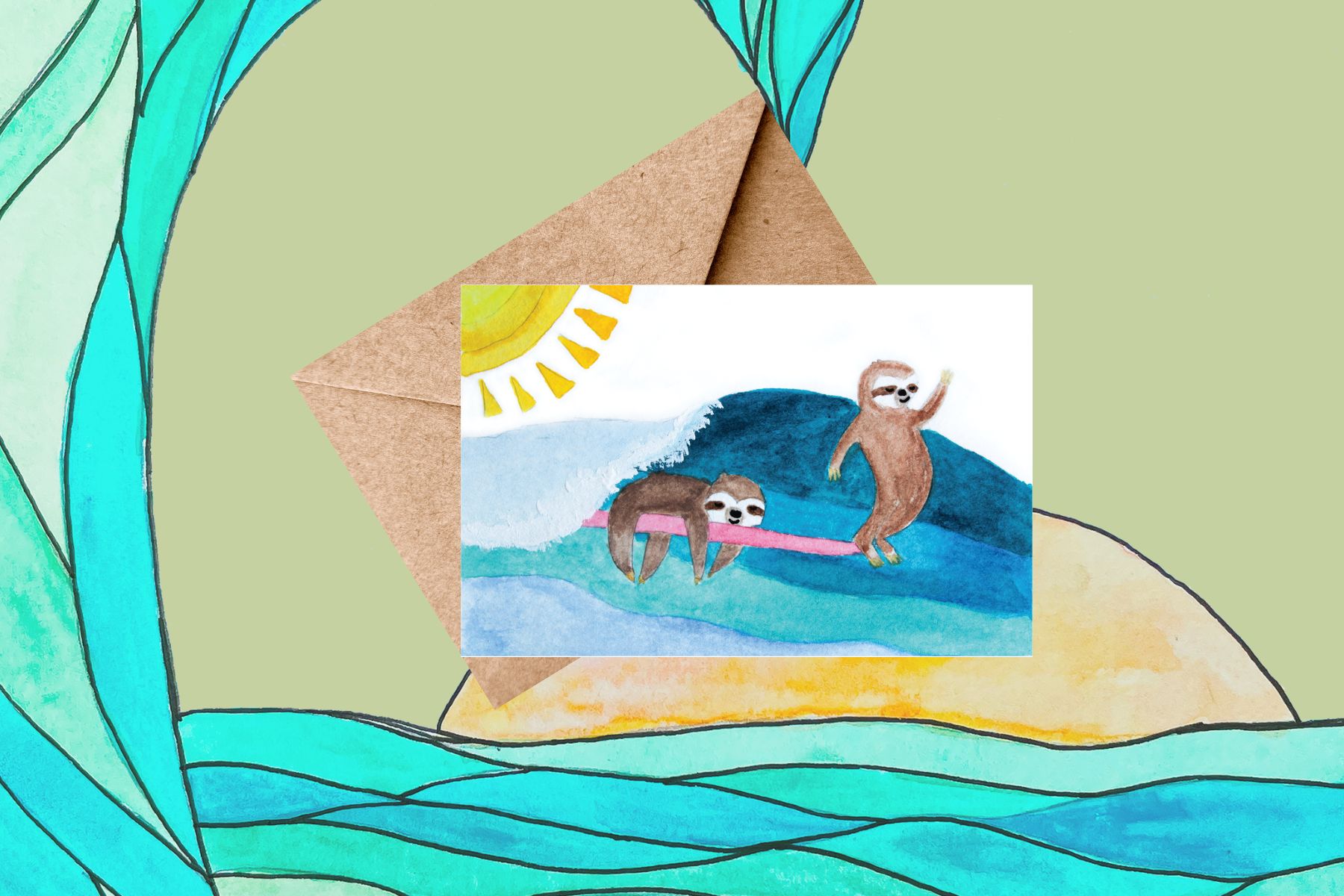 Surfing sloths watercolor card