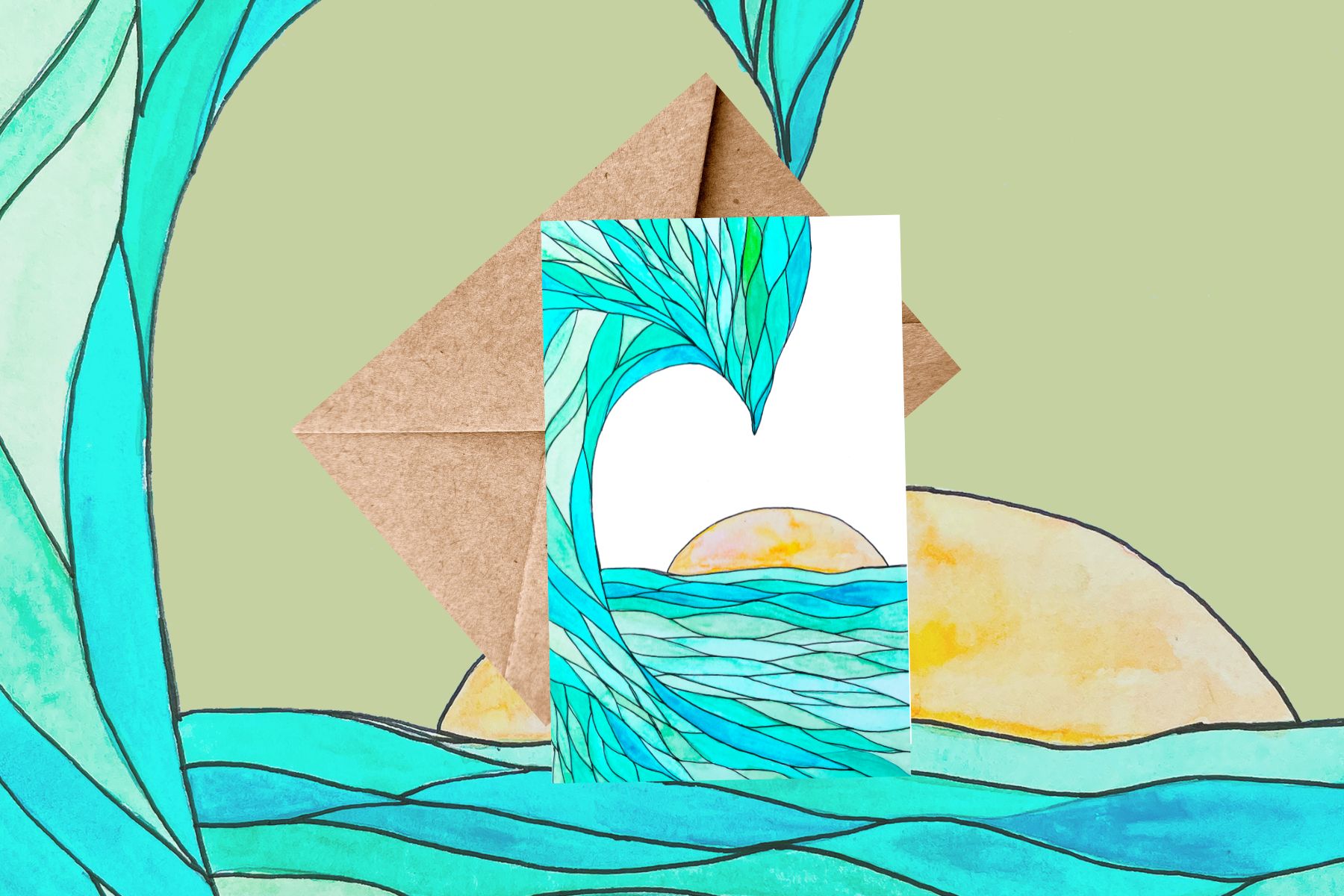 wave and sun watercolor card